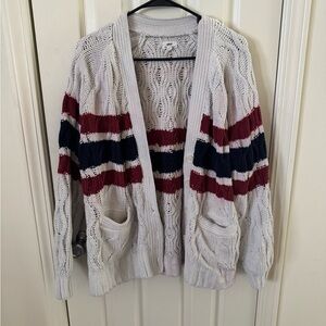 Aerie Oversized Cable Knit Cardigan Cream Red Blue Stripe Chunky Cozy Sweater S